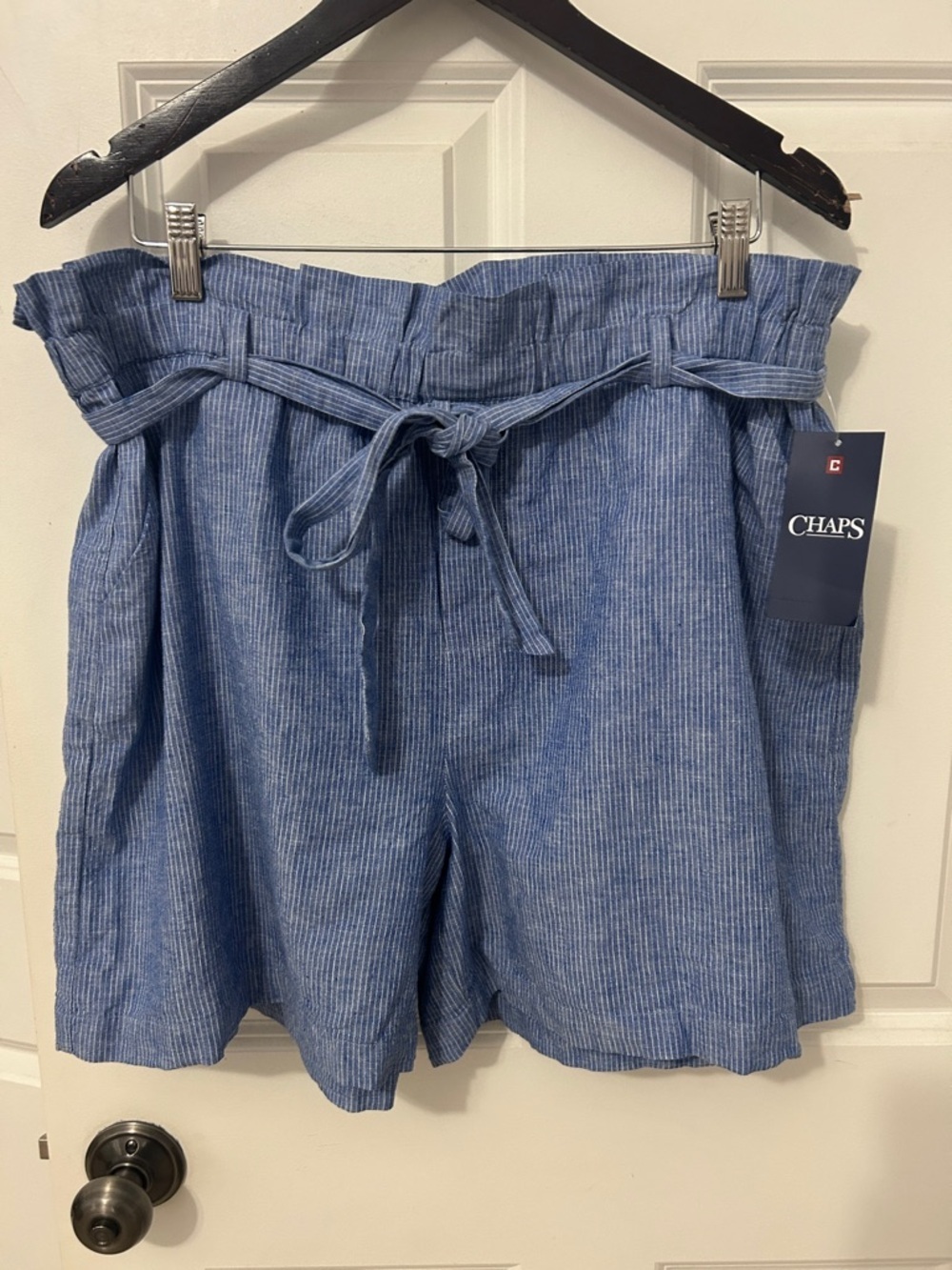 Chaps Women's Pinstriped Paperbag Waist Shorts size XL blue white